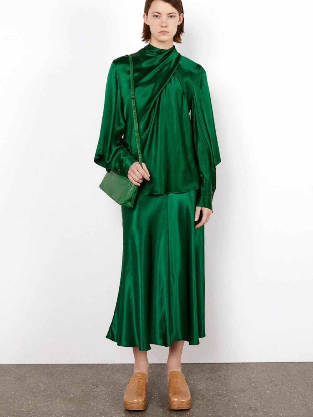 Zara Emerald Green Satin Midi Skirt